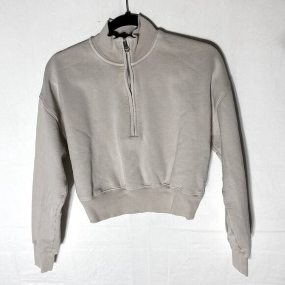 Aritiza Wilfred Free Beige Cotton Blend Cropped Half Zip Mock Neck Sweatshirt XS - Picture 1 of 15